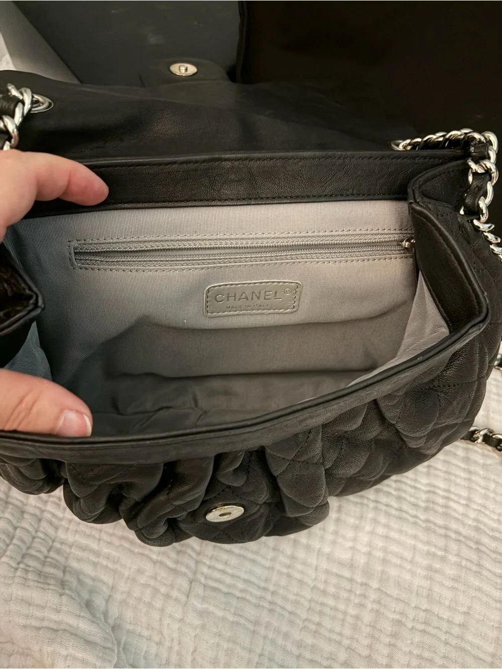CHANEL Black Quilted Leather Small Flap Crossbody with Silver Chain